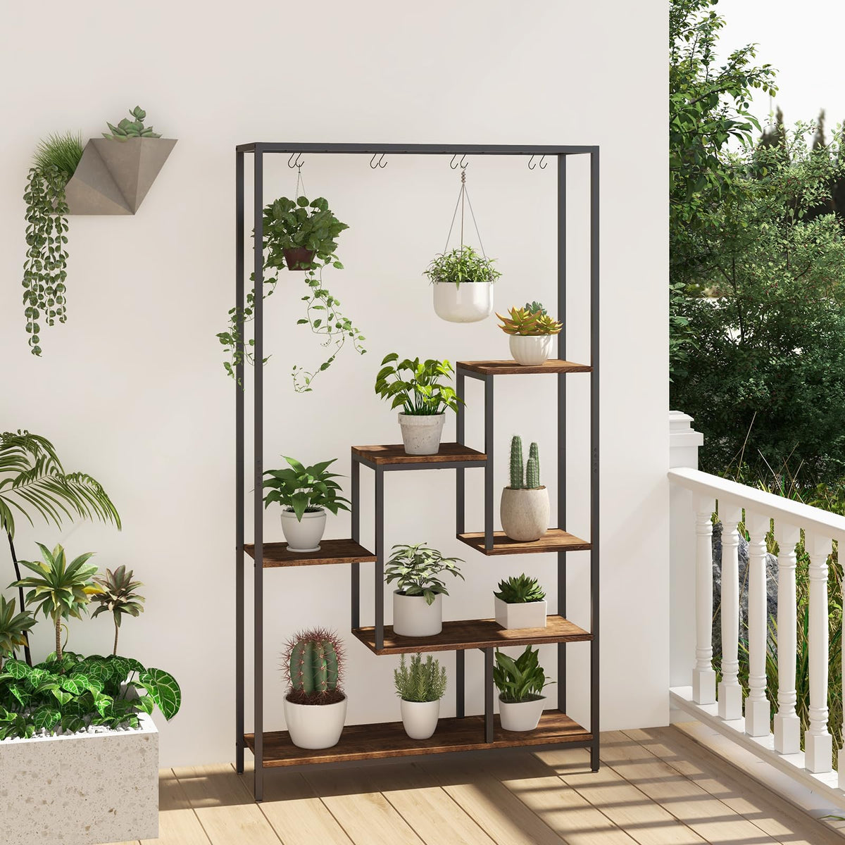 indoor planter stands australia 6-tier Tall Plant Stand, 180 CM Metal Indoor Plant Shelf w/ 10 Hanging Hooks & Wire Shelf for Multiple Plants