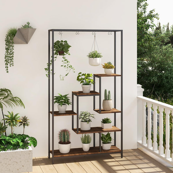 6-tier Tall Plant Stand, 180 CM Metal Indoor Plant Shelf w/ 10 Hanging Hooks & Wire Shelf for Multiple Plants