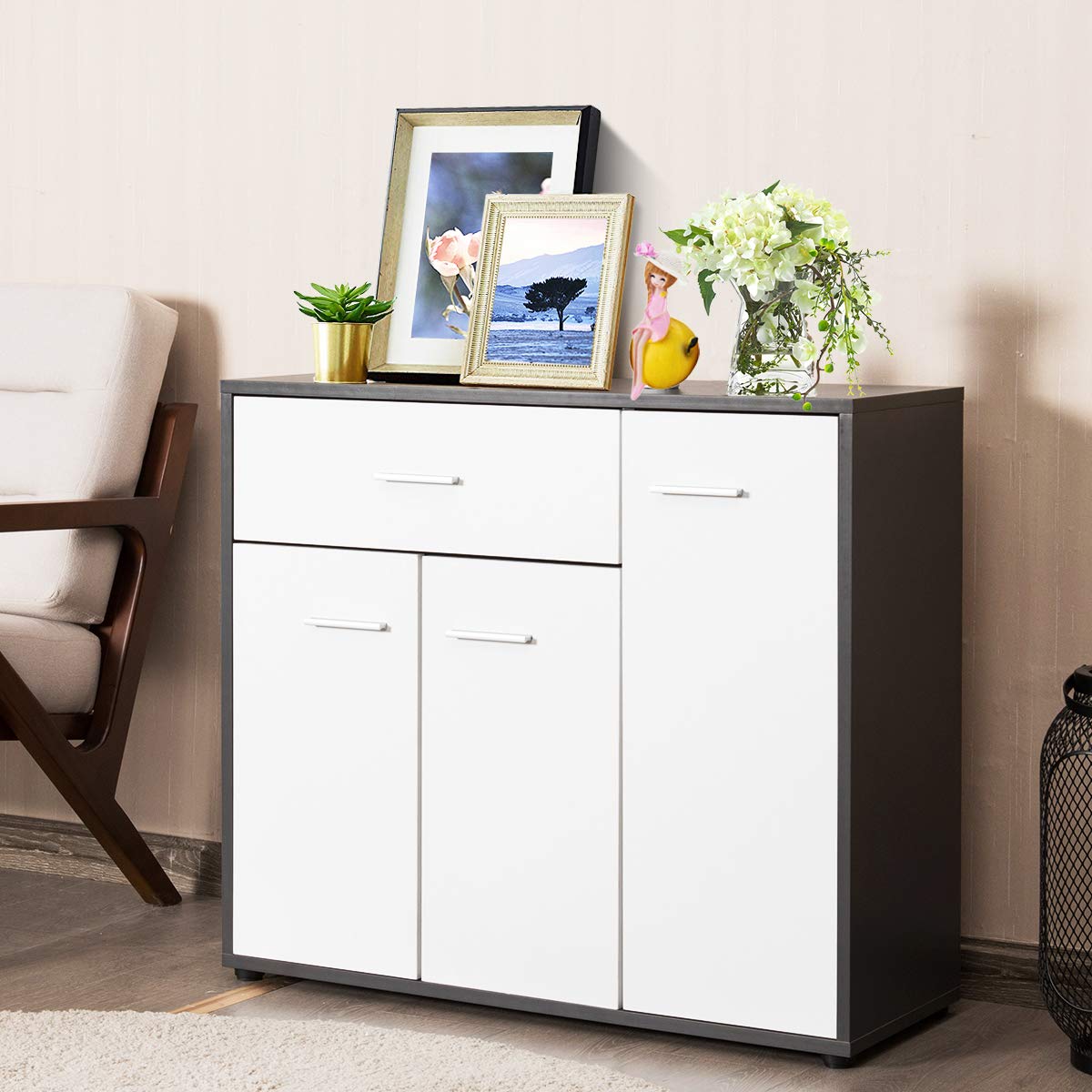 Kitchen Cabinet W/Drawer & 4 Adjustable Shelves, Multifunctional Wood ...