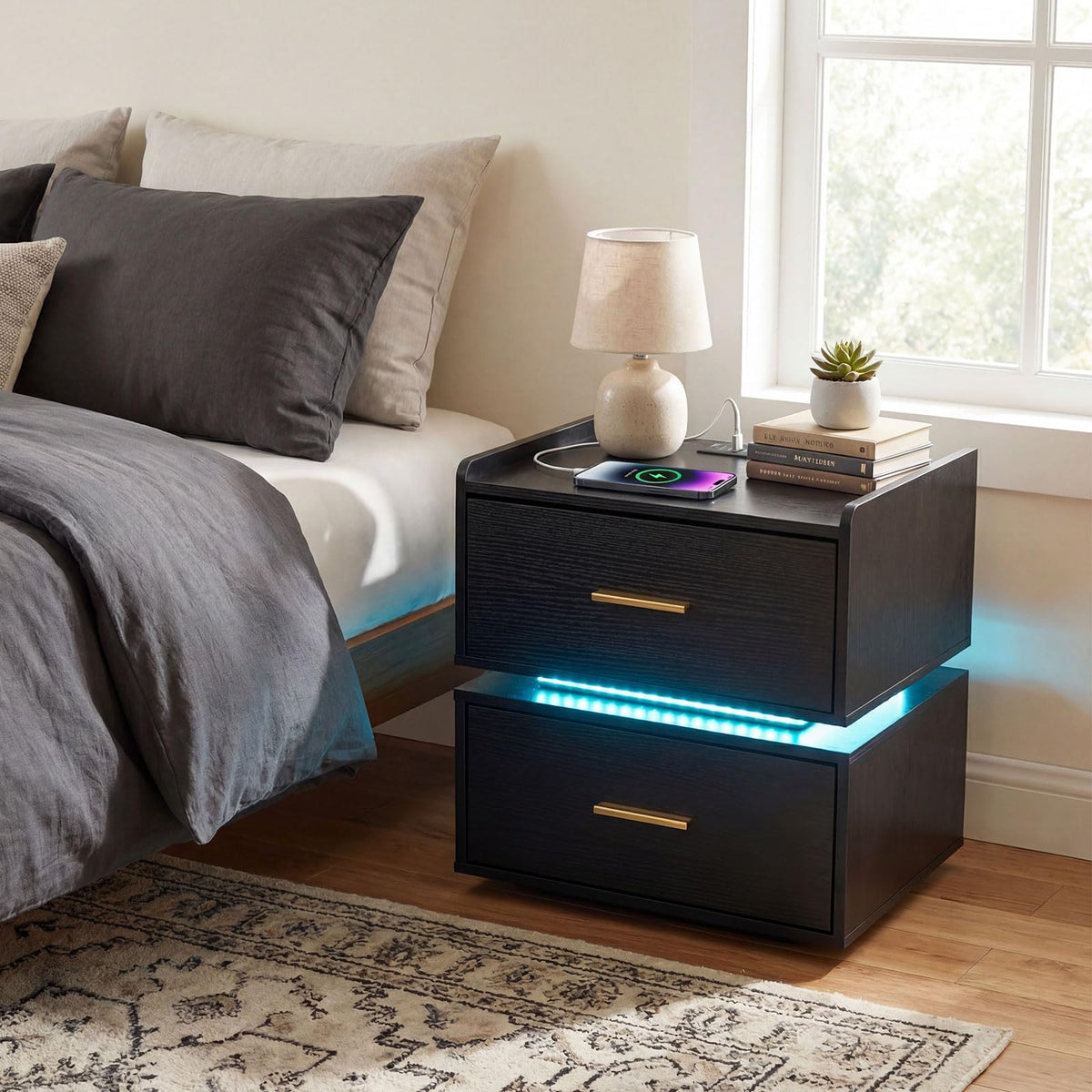 Nightstand with Charging Station, LED Bedside Table with 2 Storage Drawers