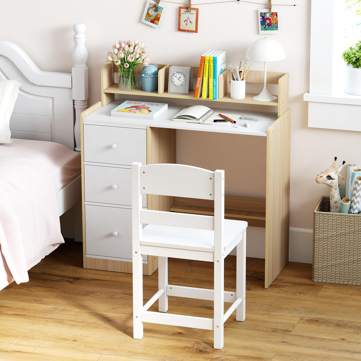 Kids Study Desk and Chair Set, Wooden Children Writing Desk