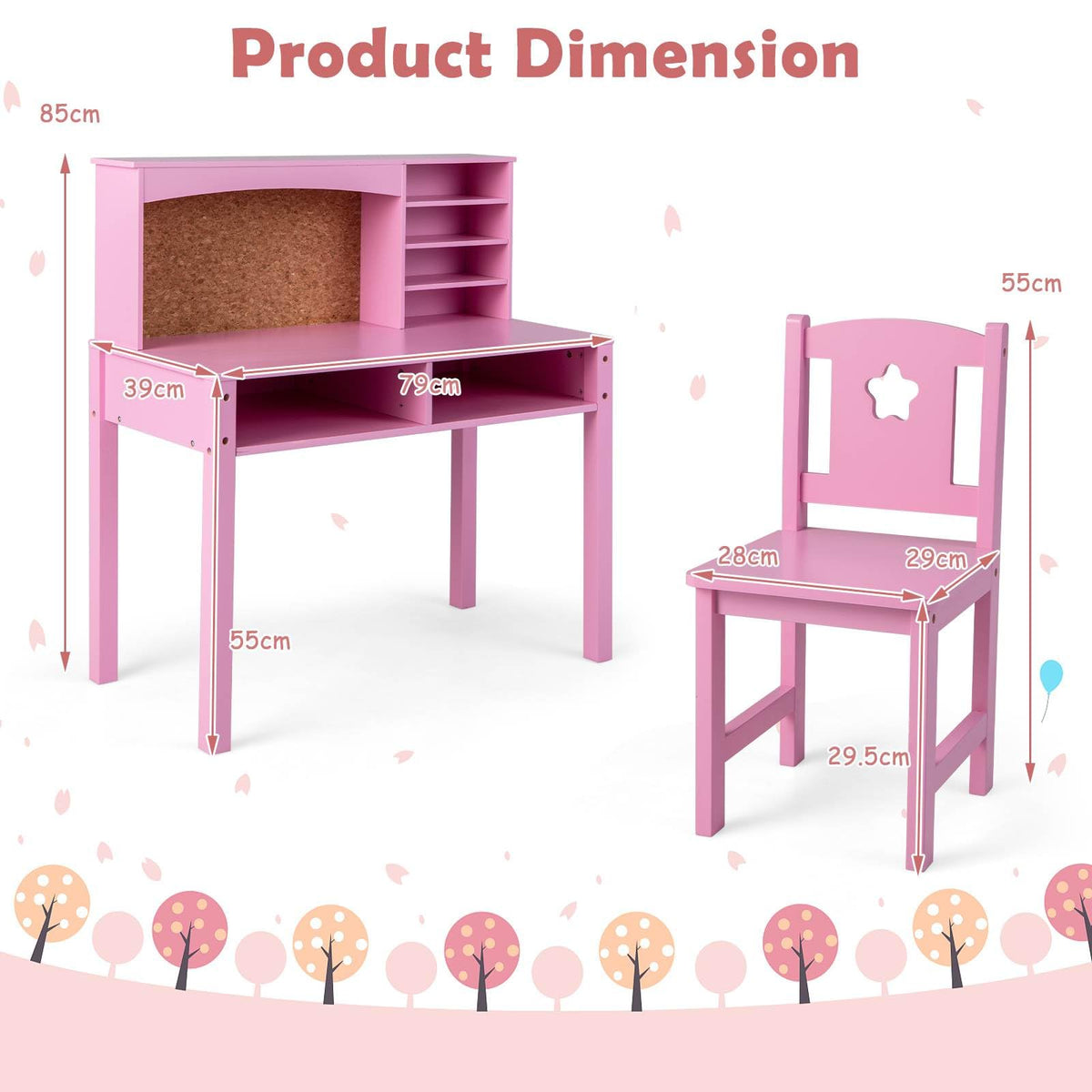 Kids Desk and Chair Set with Hutch and Cork Bulletin Board