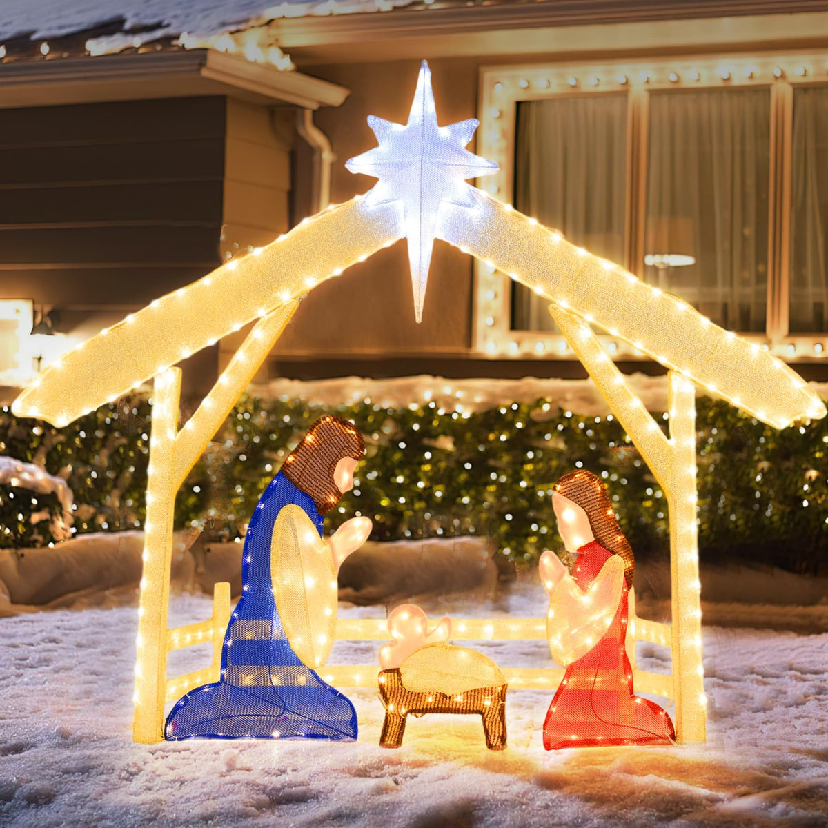 121cm Pre-lit Christmas Holy Family Set with 272 Warm Cold White LED Lights