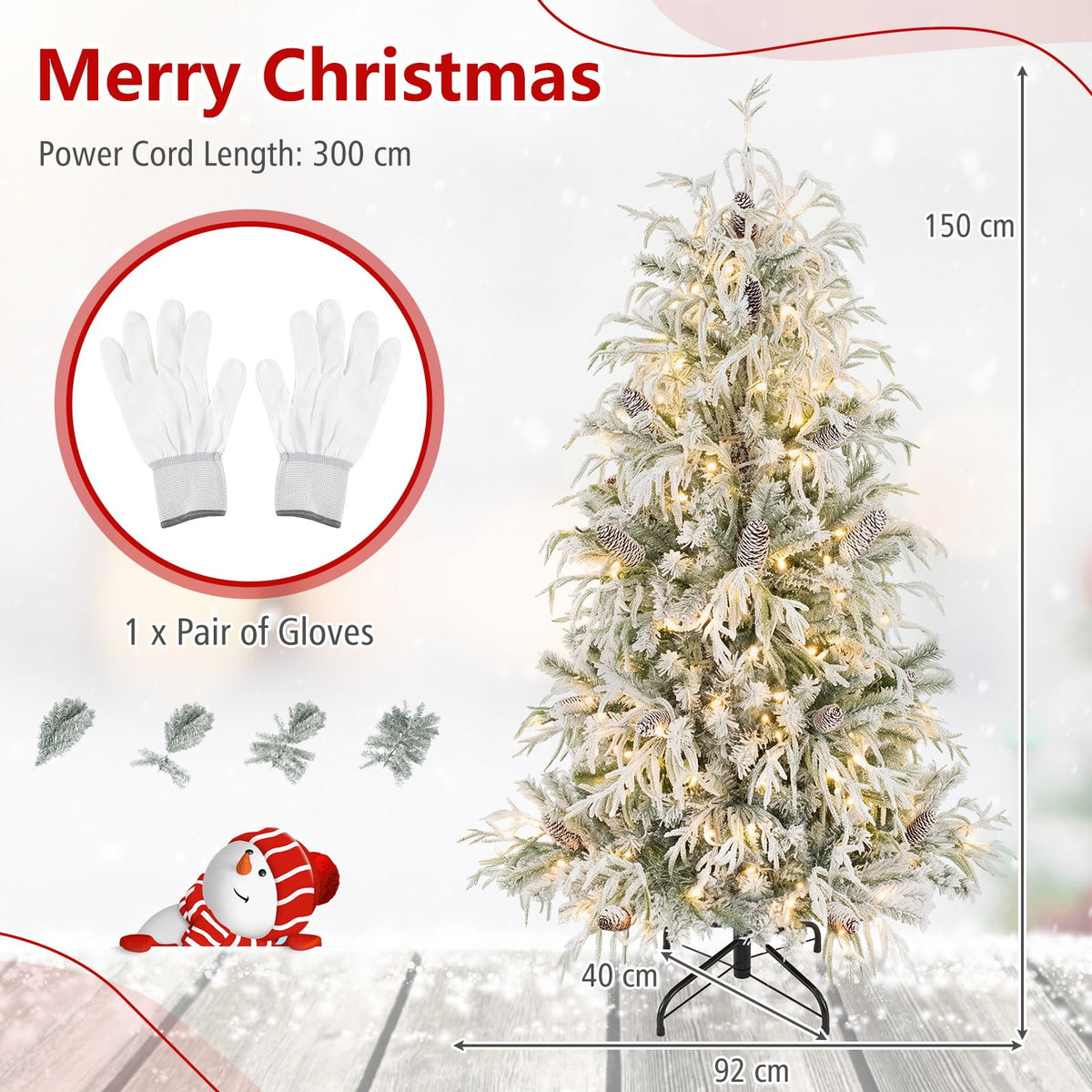 150/180cm Flocked Christmas Tree, Pre-Lit, Hinged