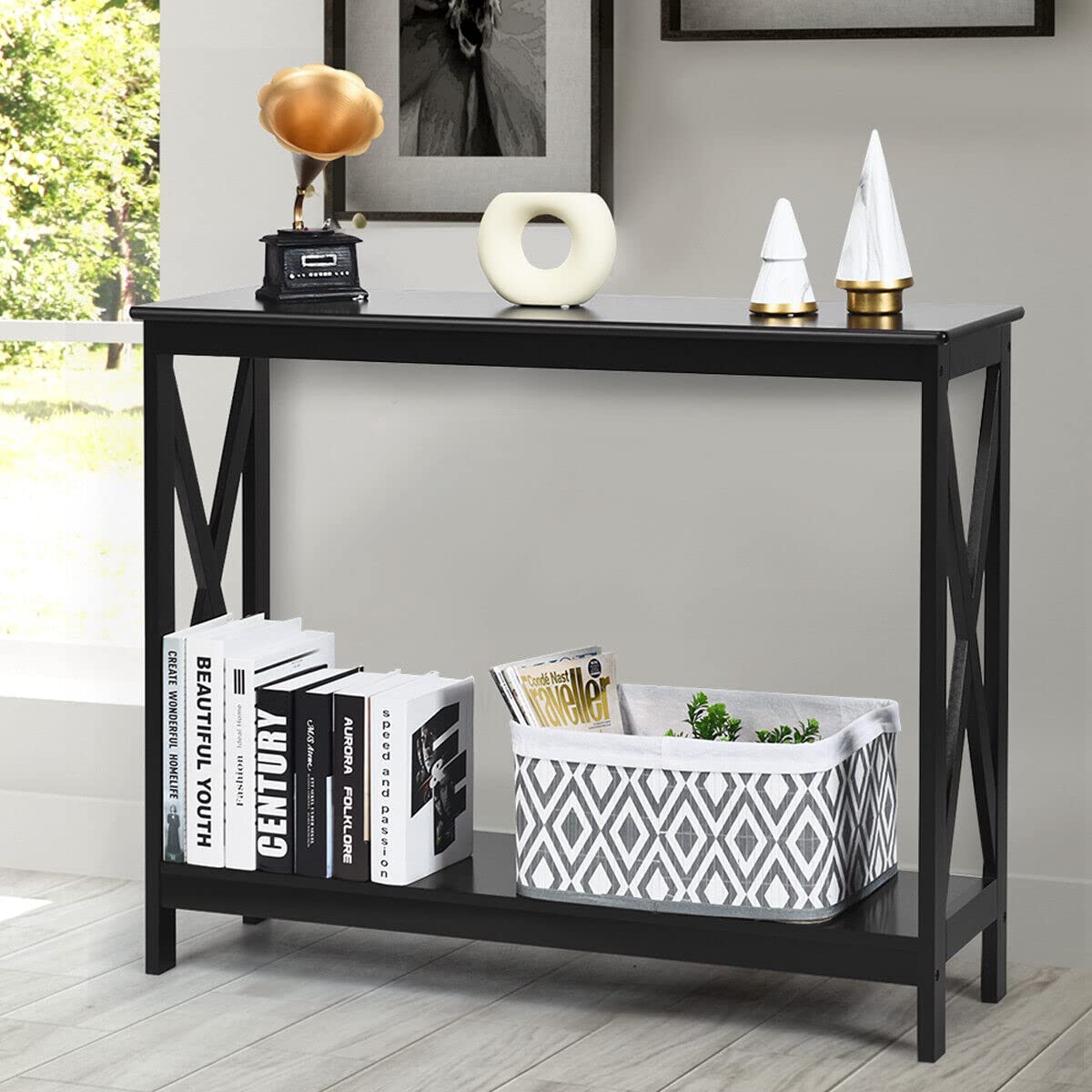 Giantex Industrial 3-Tier Console Table, Rustic Sofa Side Table with Storage Shelf