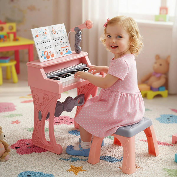 Mini Keyboard Piano for Kids 25 Keys Electric Piano with Stool Music Stand and Microphone