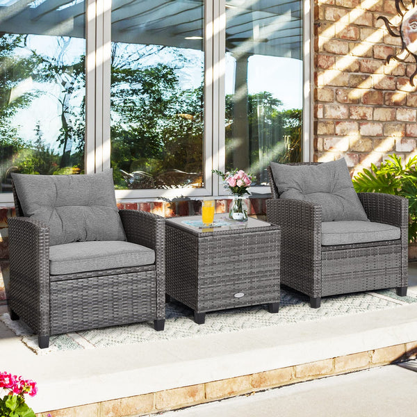 3 Pieces Patio Rattan Sofa Set with Soft Seat for Poolside & Backyard