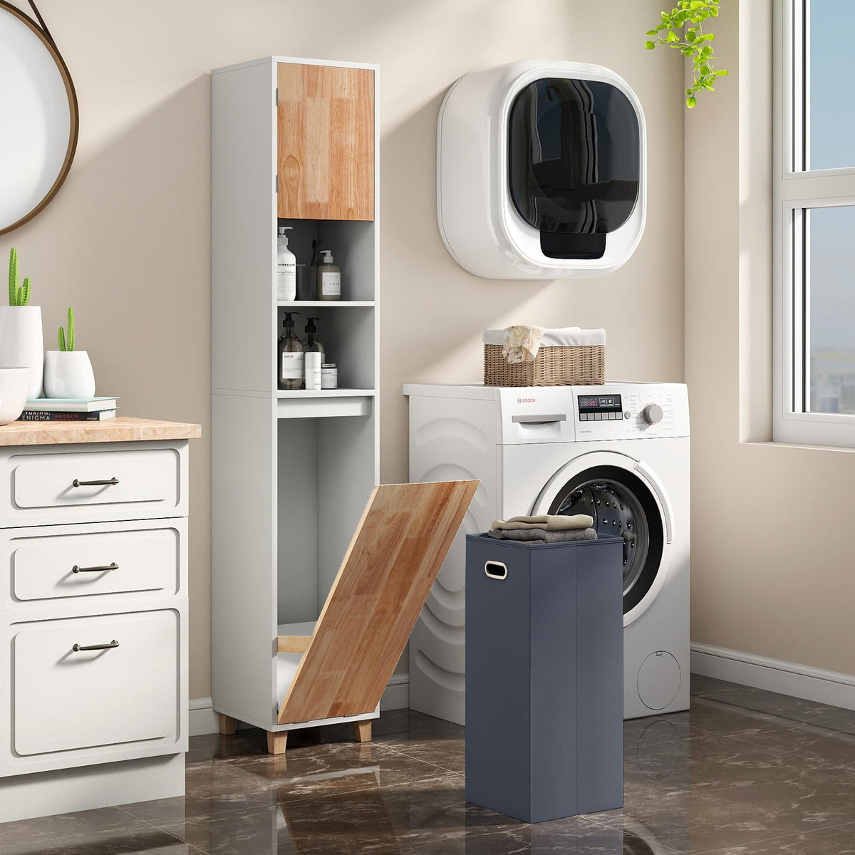 Tall Bathroom Storage Organizer Unit with Rubber Wood Doors