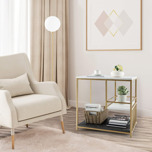 Giantex White Marble Side Table, 3-Tier End Table w/Golden Polished Steel Frame, Marble & Golden