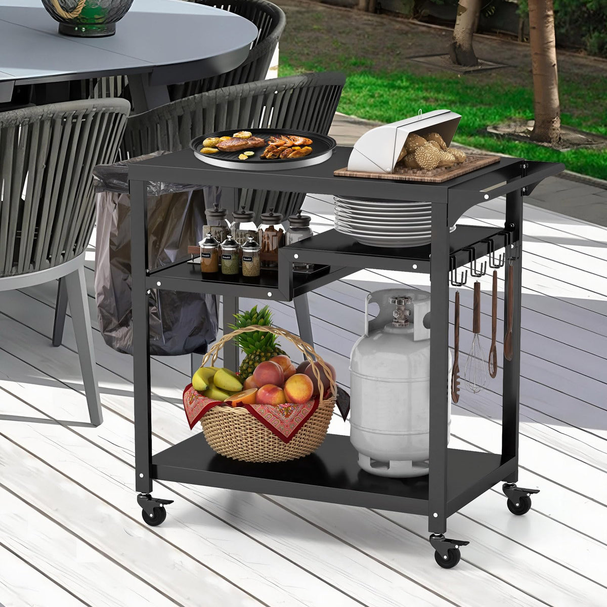 Giantex Three-Shelf Outdoor Cooking Prep Table with Garbage Bag Holder