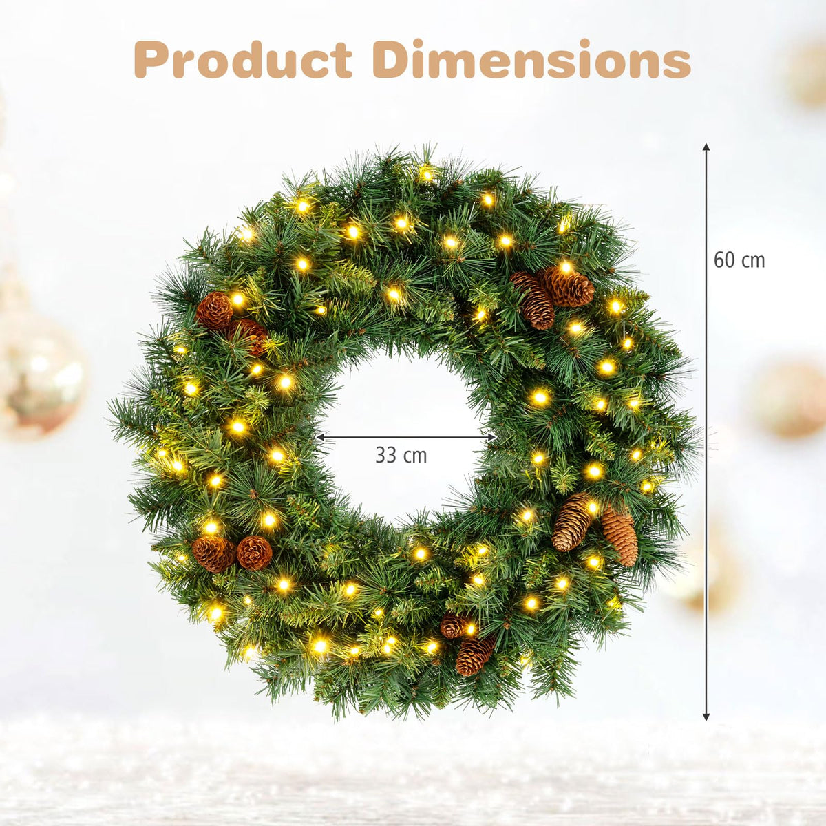 60 CM Pre-Lit Artificial Christmas Wreath, Battery Operated