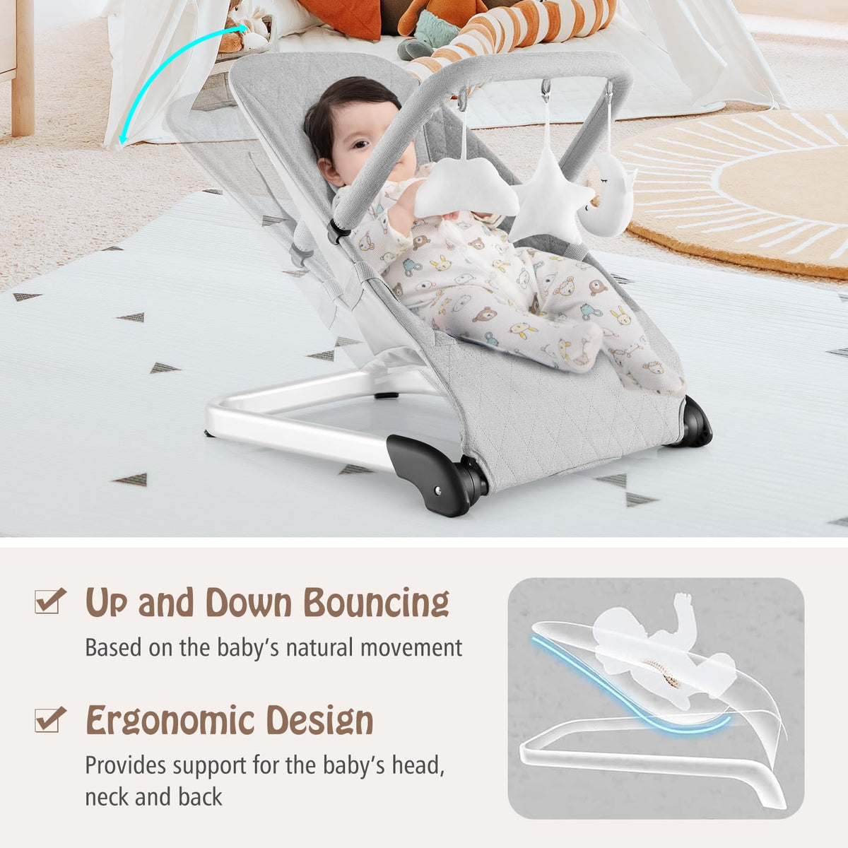 Baby Bouncer, Foldable Baby Rocker with 5-Point Safety Harness, Removable Fabric Cover and Toy Bar