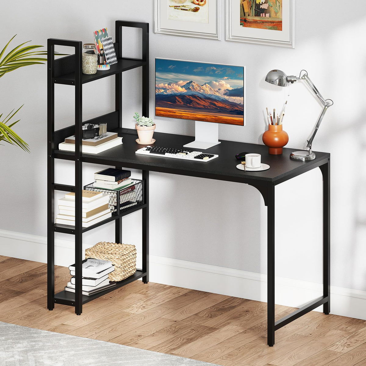 Computer Desk with Power Strip, 120 CM Study Writing Desk with Bookshelf, AC Outlets, USB Port