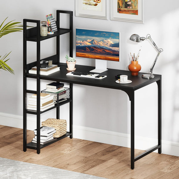 Computer Desk with Power Strip, 120 CM Study Writing Desk with Bookshelf, AC Outlets, USB Port
