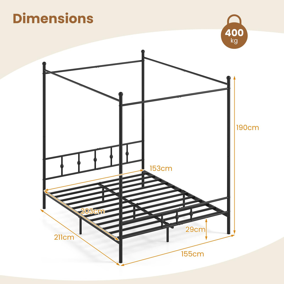 Canopy Bed Frame Modern 4-Poster Platform Bed with Headboard and Under-bed Storage