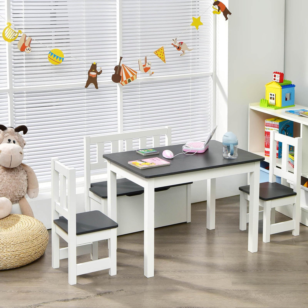 4-Piece Kids Table and Chair Set, Wood Activity Table with Toy Storage Bench