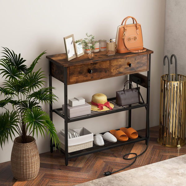Giantex Entryway Table with Charging Station, Narrow Console Table with 2 Drawers & 2 Metal Mesh Shelves