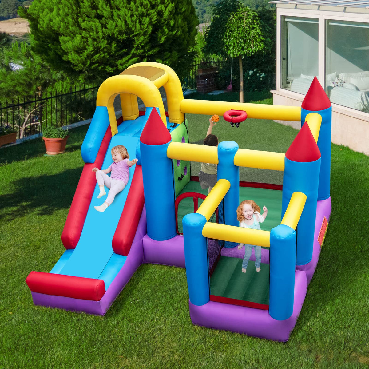 Inflatable Kids Bouncy House, Jumping Castle Trampoline, w/Slide, Jump Area, Climbing Wall, Basketball Hoop