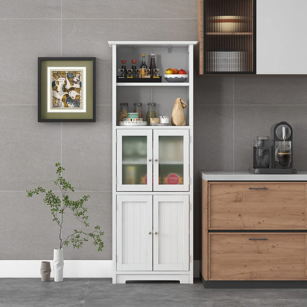 Giantex Freestanding Bathroom Storage Cabinet, Kitchen Pantry Cupboard with Glass Doors, White