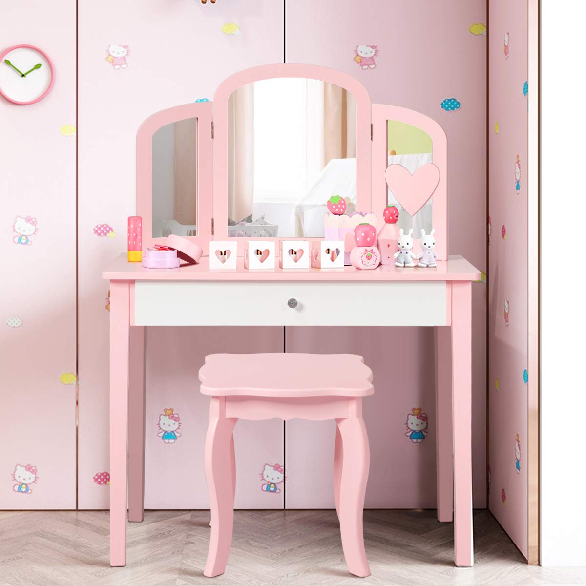 Kids Vanity Table and Chair Set, Princess Makeup Dressing Table with Drawer & Tri-Folding Mirror