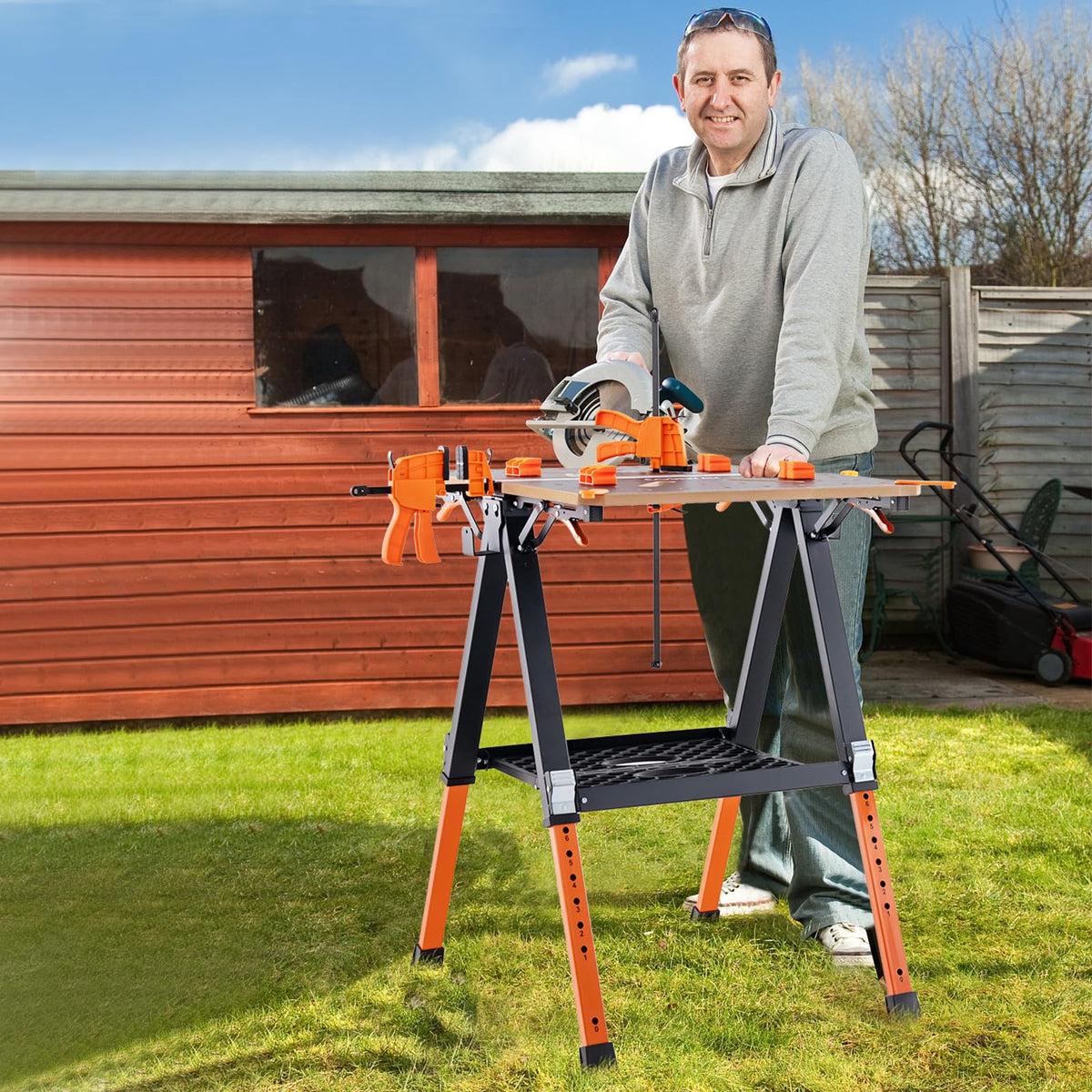 2-in-1 Folding Work Table & Sawhorse, 454 kg Max Load Workbench w/ 2 Quick Clamps & 4 Clamp Dogs