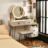 Giantex Makeup Vanity Set w/ Lighted Mirror, Modern Dressing Table with Storage Cabinet, Drawers, Cushioned Stool