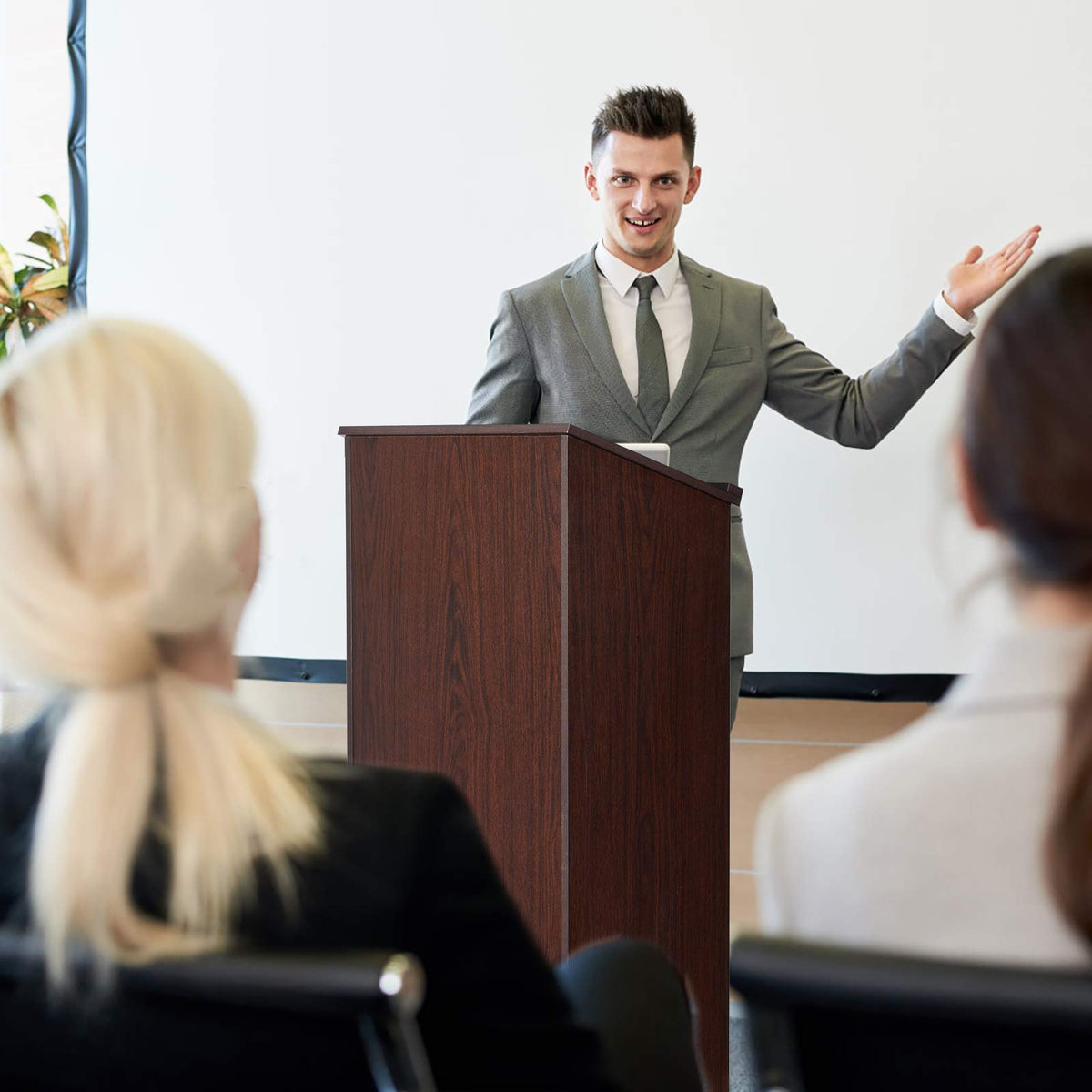 Giantex Floor Standing Podium, Wooden Speaking Lectern with Adjustable Shelf