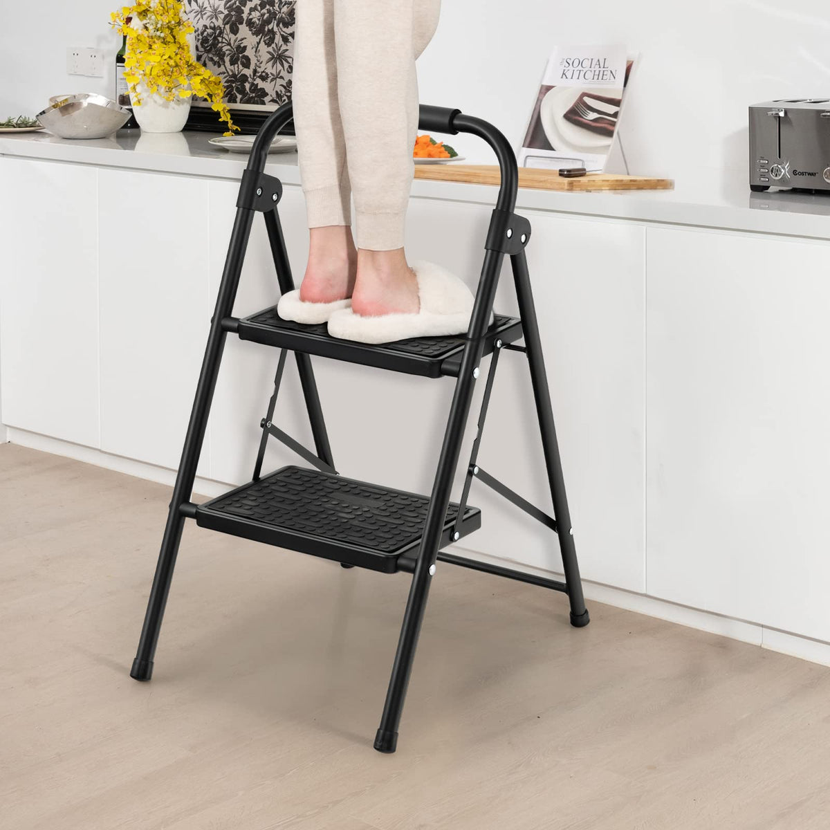 2 Step Ladder, Folding Step Stool w/ Padded Handgrip & Wide Anti-Slip Pedal