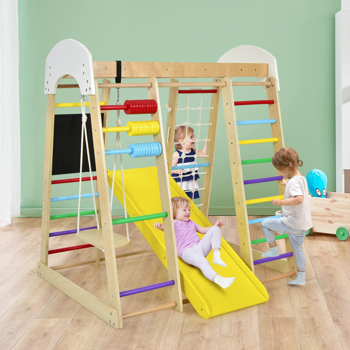8-in-1 Wooden Climbing Playset with Slide and Drawing Board