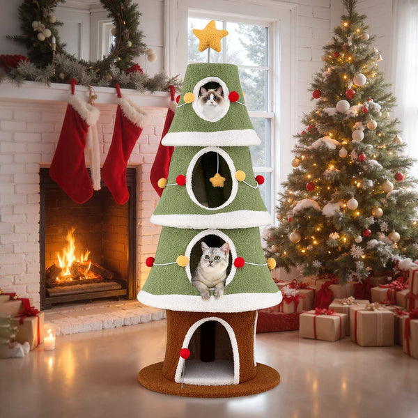 Large Christmas Cat Tree for Indoor Cats, 154 cm Cute Cat Tower with 4 Condos