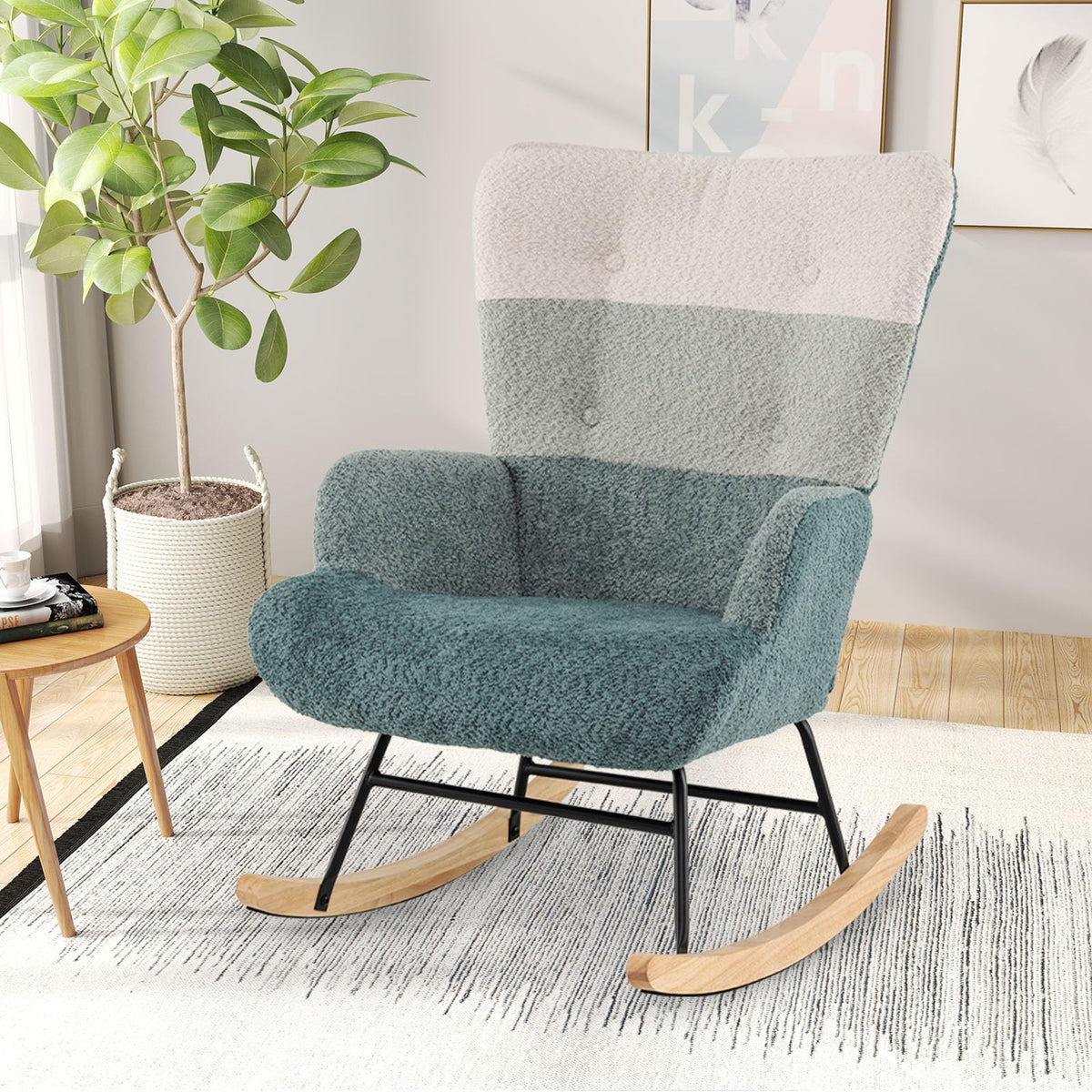 Nursery Rocking Chair with Boucle Fabric Ergonomic Armrests and High Back