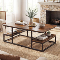 Rectangle Center Table with Open Shelves and Metal Frame for Living Room