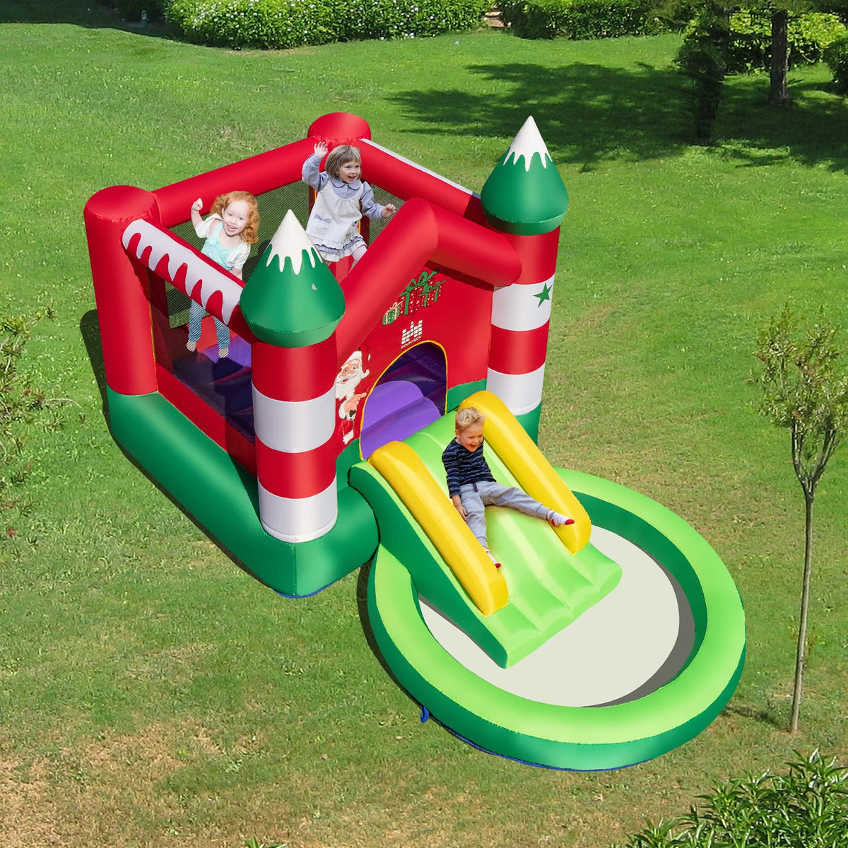 Inflatable Bounce House, Christmas Themed Jumping Castle w/Slide, Trampoline, Round Ball Pit Pool