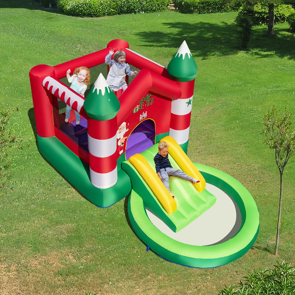 Inflatable Bounce House, Christmas Themed Jumping Castle w/Slide, Trampoline, Round Ball Pit Pool