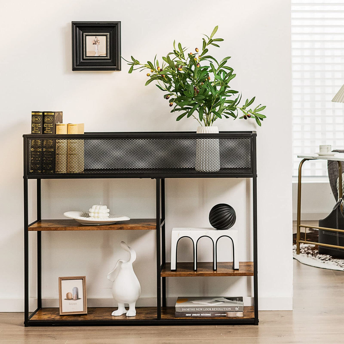 Giantex 4-Tier Console Table w/Wire Basket, Slim Long Sofa Side Table w/Anti-Toppling Device