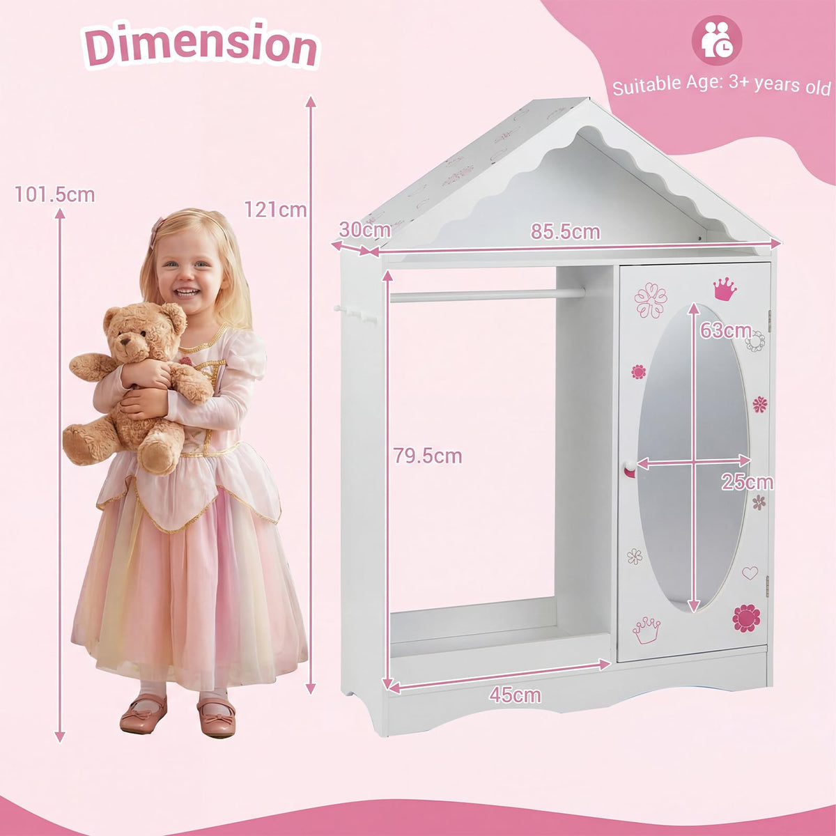 Kids Clothing Rack with Mirror, Children Dress Up Center w/Open Hanging Rack