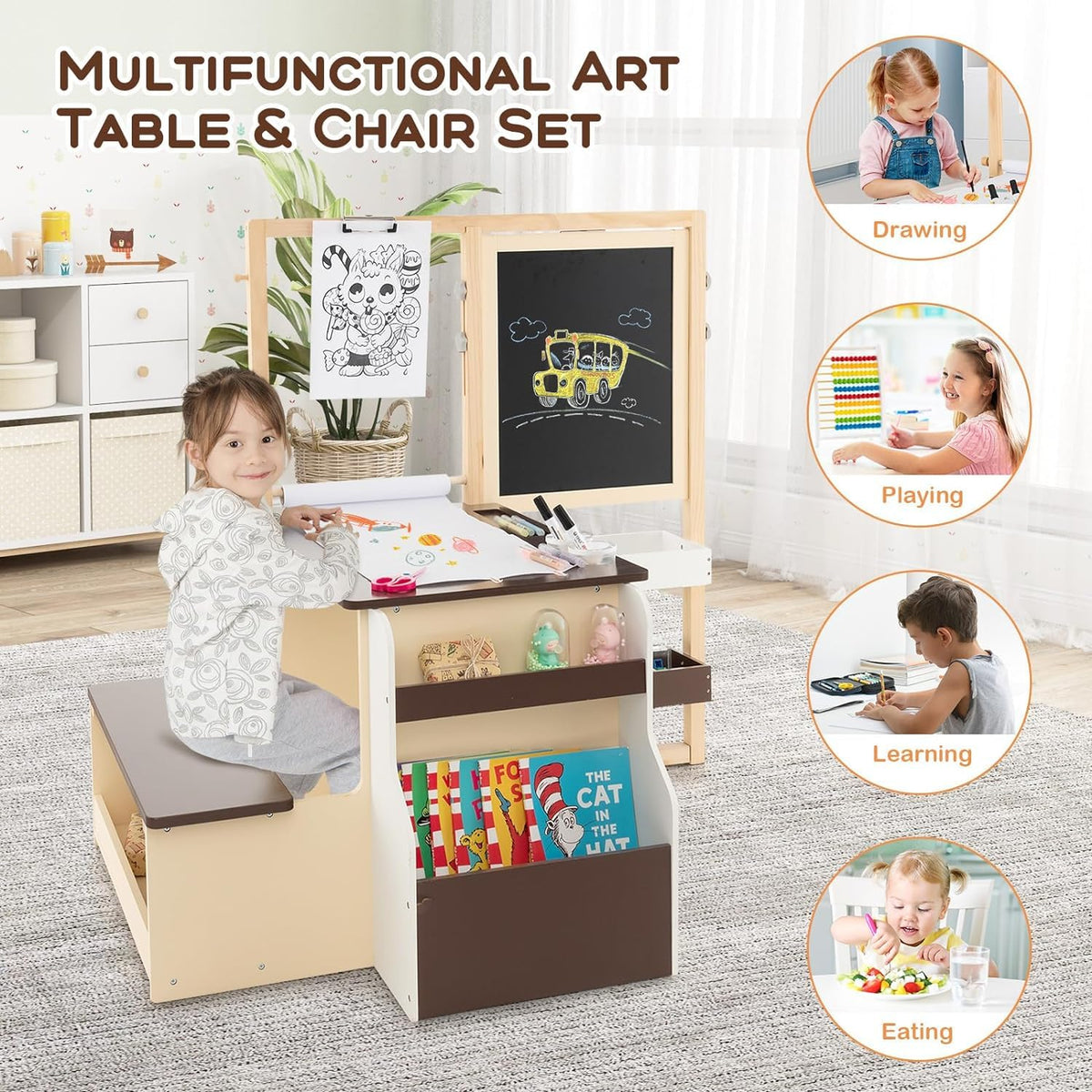Kids Art Table & Bench Set with Double-Sided Adjustable Easel