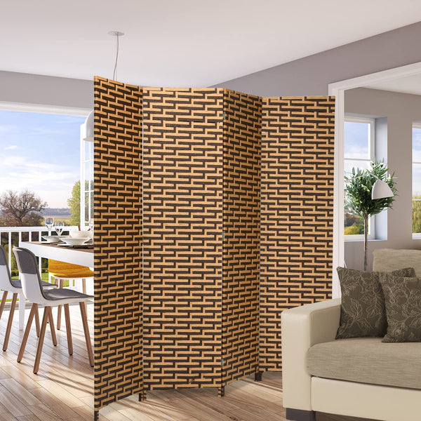 6Ft Panel Screen Room Divider, 4-Panel Woven Wall Divider, 1.8M Tall Folding Wooden Partition Stand