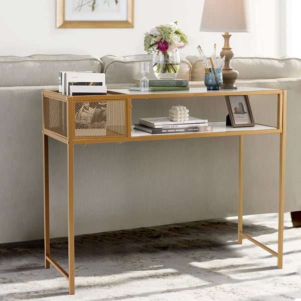 Faux Marble Console Table with Wire Basket, Long Couch Side Table with Anti-Toppling Kit, White & Gold
