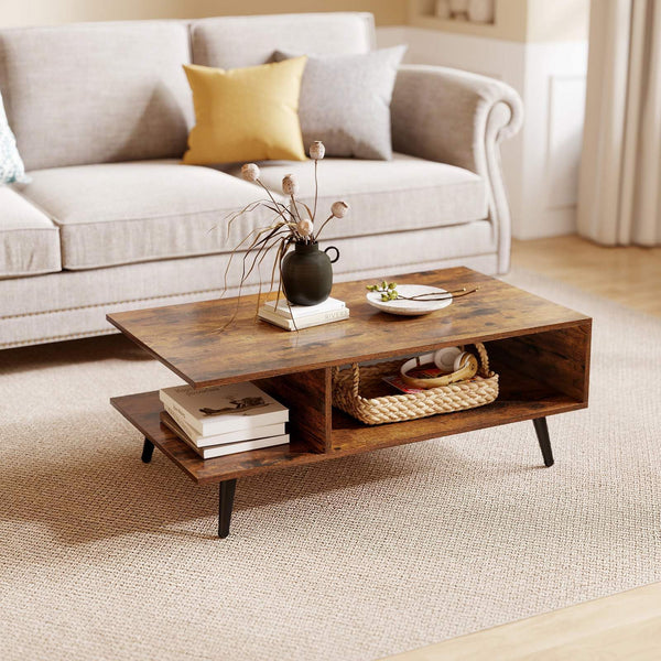 2-tier Coffee Table with 2 Open Shelves and Heavy-duty Metal Frame
