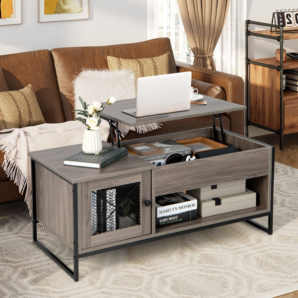106cm Lift Top Coffee Table, Industrial Center Table with Mute Pneumatic Lifting, Grey