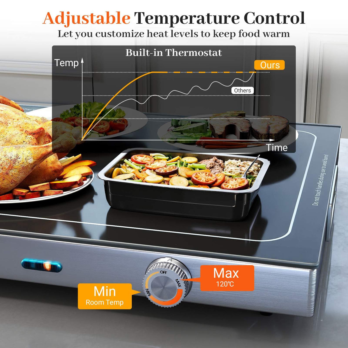 Electric Warming Tray with Adjustable Temperature Tempered Glass Top Food Warmer