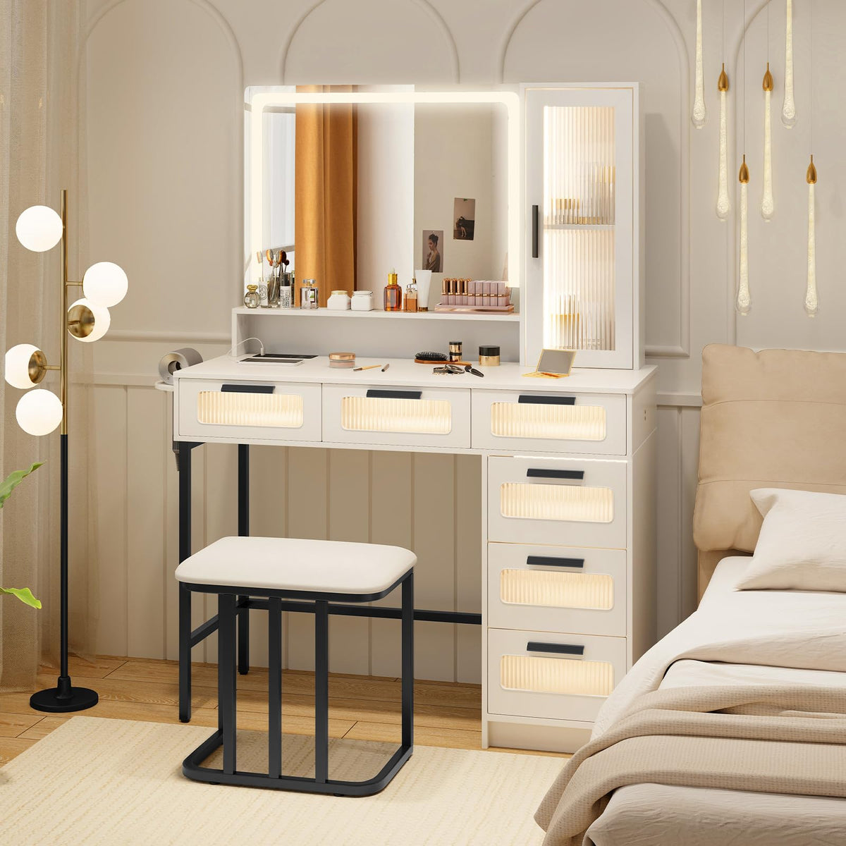 Giantex Makeup Vanity Table with Mirror and Lights, Dressing Table and Stool Set with Charging Station