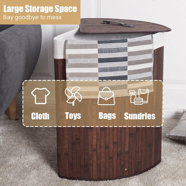 Giantex Bamboo Laundry Hamper, Dirty Clothes Organizer Storage Bag with Lid & PU Handle, Space-saving Corner Laundry Basket, Brown