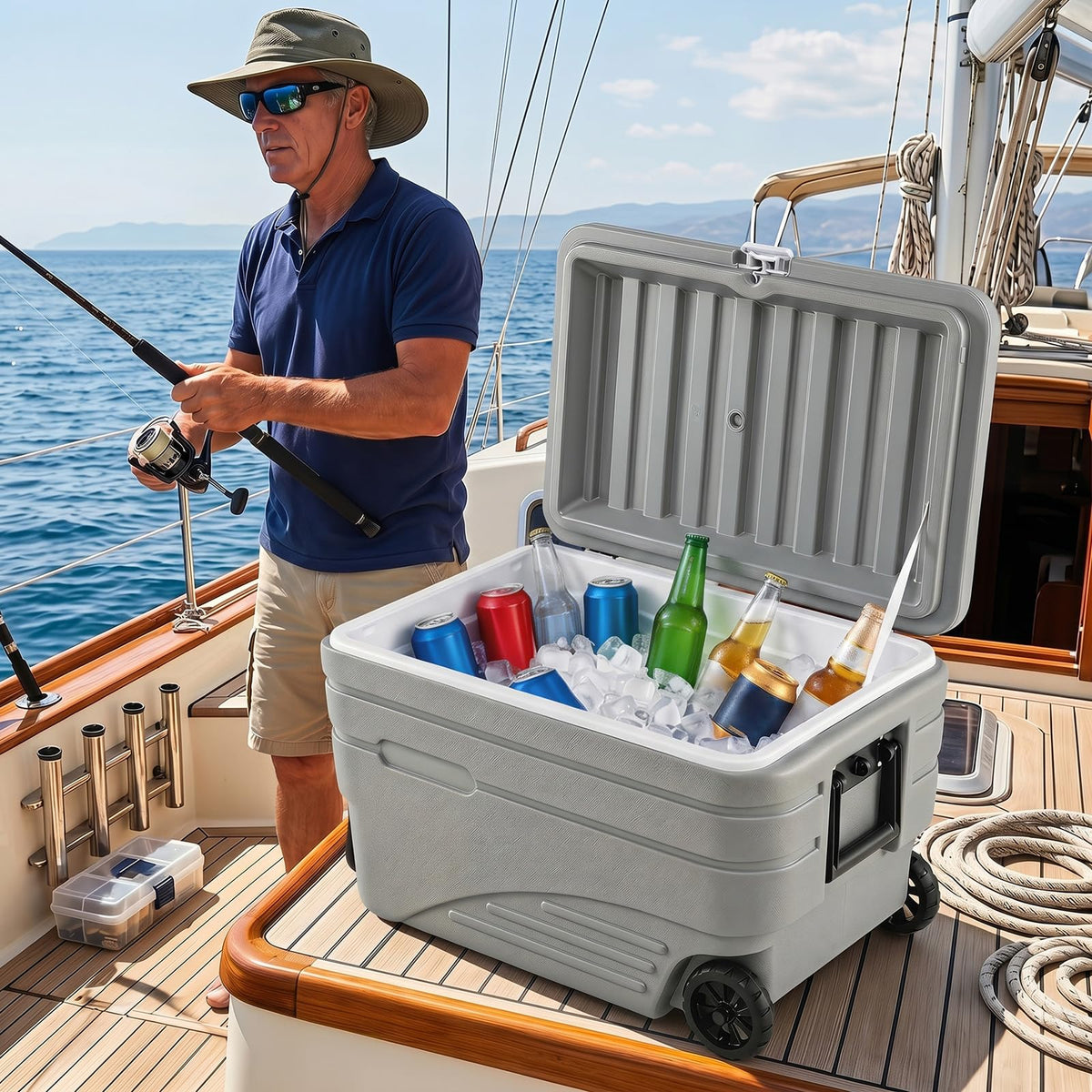 Outdoor Hard Cooler on Wheels 80L for Camping and Picnic with Handles