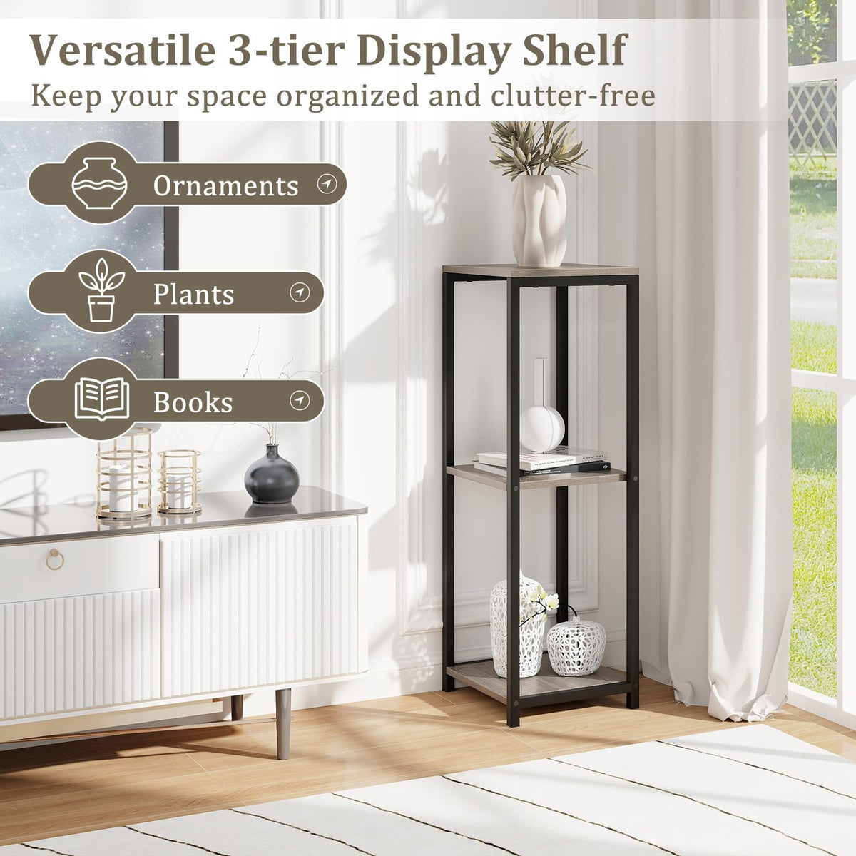 3 Tier Tall Metal Plant Stand with Anti-tipping Device for Balcony Living Room Office