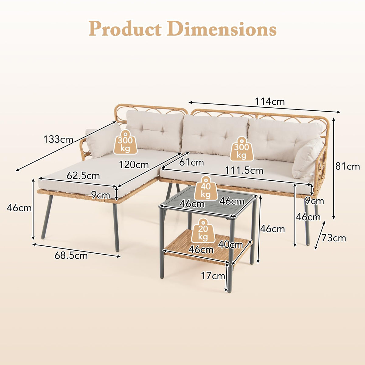 3 Pieces Corner Patio Furniture with Small Coffee Table for Garden Backyard