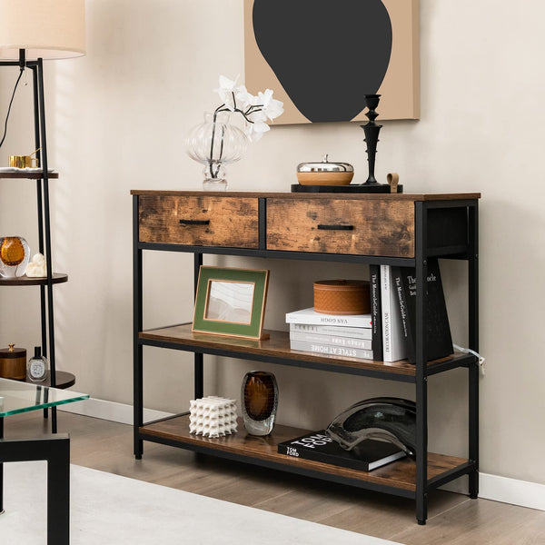 Giantex 100CM Console Table, Behind Couch Table with 2 Folding Fabric Drawers & Shelves , Rustic Brown