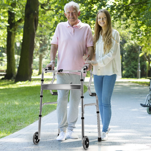 200KG Weight Capacity Aluminum Alloy Adult Walker w/ Unidirectional Wheels & Bi-Level Armrests