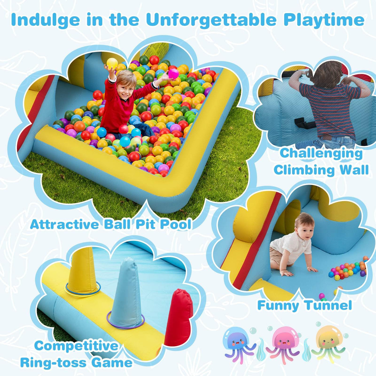 Inflatable Bounce House, 7-in-1 Giant Bouncy Castle with Slide, Tunnel, Basketball Hoop & Ring-toss Game (without Blower)